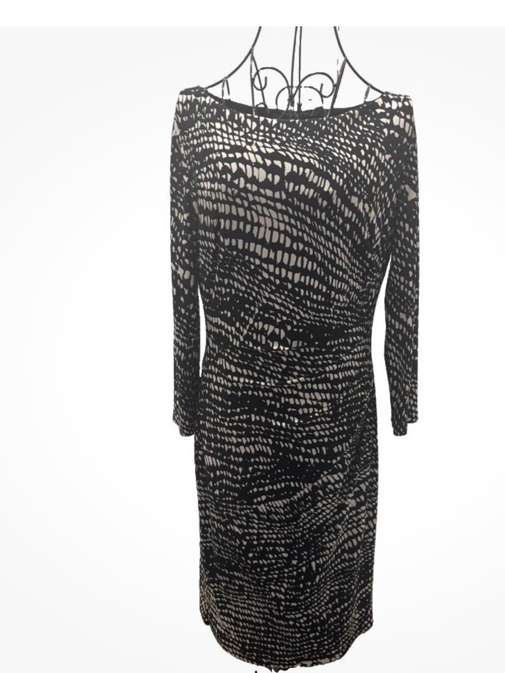 Ralph Lauren Black Cream Abstract Long Sleeve Sheath Pullover Dress Sz 8 Lined